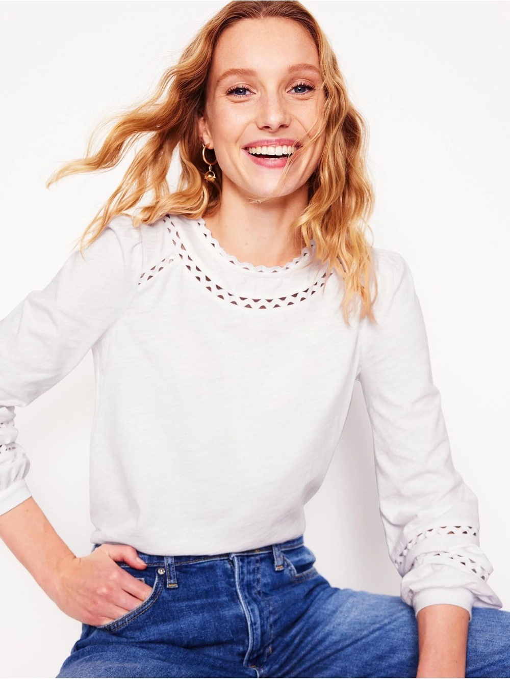 Boden Daisy Long Sleeve Trim Top White Crochet Openwork Boho Blouse